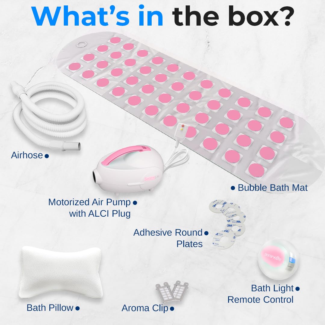SereneLife Bubble Bath Mat - Portable Spa Bubble Bath Massager with Waterproof Bath Light & Pillow, Adjustable Bubble Intensity, Easy Button Control, Remote Control (Pink)