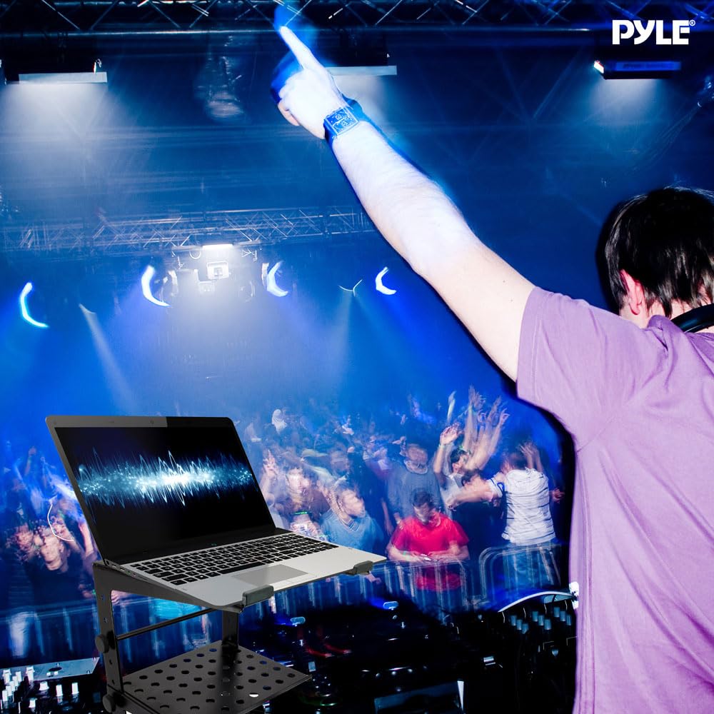 Pyle Portable Adjustable Laptop Stand - 6.3 to 10.9 Inch Standing Table Monitor or Computer Desk Workstation Riser with Shelf Storage and Height Alignment for DJ, PC, Gaming, Home or Office - PLPTS30