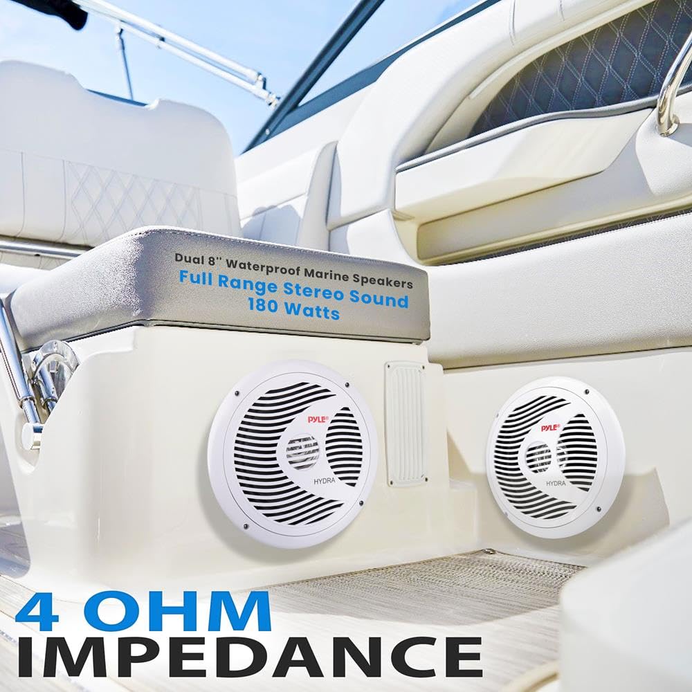 Pyle Marine Speakers, Boat Speakers, Marine Speaker, 8" 180W Waterproof, 4 Ohm, PP Cone, Rubber Surround, 1.5" Voice Coil, 20 Oz Magnet, White, Includes Speaker Wire & Mounting Hardware
