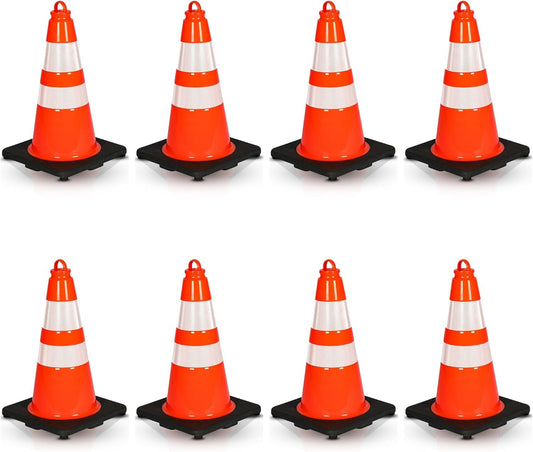 Pyle 18" PVC Traffic Cones, 8-Pack Safety Cones for Parking, Construction, Roadwork, & Sports Training, High-Visibility Orange, Durable, Stackable Design, Heavy-Duty Base for Stability in All Weather