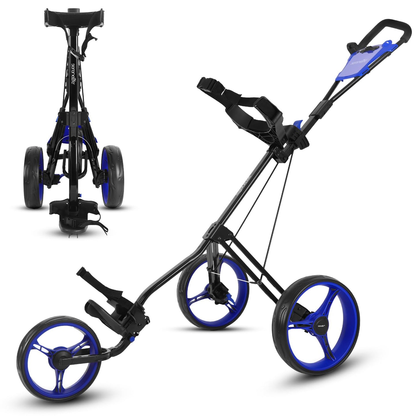 SereneLife 3-Wheel Golf Push Cart – Foldable Steel Frame Trolley w/ Deluxe Scorecard Holder, Adjustable Handle, Quick Brake, Bag Strap, Lightweight Compact Caddy – SLGZX9