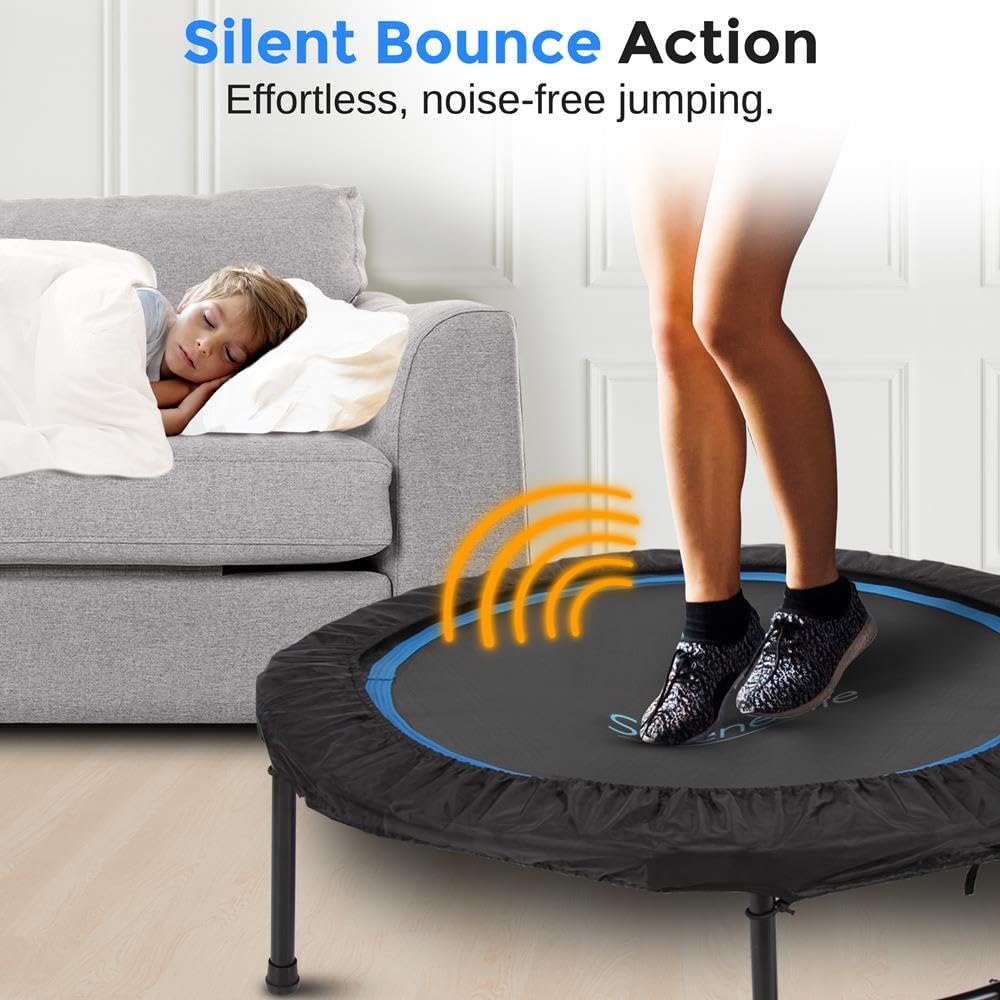 SereneLife 40/48" Foldable Mini Trampoline - Compact Fitness Trampoline for Kids Adults, Exercise Bungee Rebounder with Adjustable Foam Handle, Indoor/Garden Workout Equipment, Max Load 264 lbs