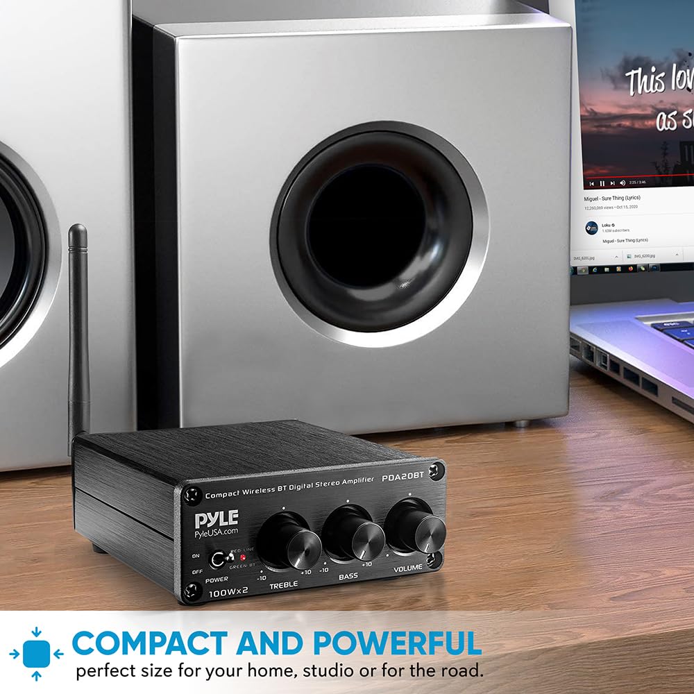 Pyle 2x100W Bluetooth HiFi Mini Audio Amplifier - Class D Stereo Receiver - Aluminum Diecast - for Desktop/PC - Wireless Streaming - Headphone Jack - PDA20BT