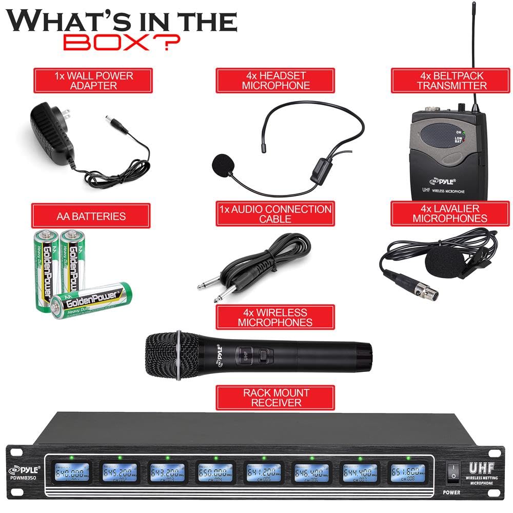 Pyle 8 Ch UHF Wireless Microphone System & Rack Mountable Base 4 Handheld MICS 4 Headsets, 4 Belt Packs, 4 Lavelier/Lapel MIC with Independent Volume Controls AF & RF Signal Indicators (PDWM8350)