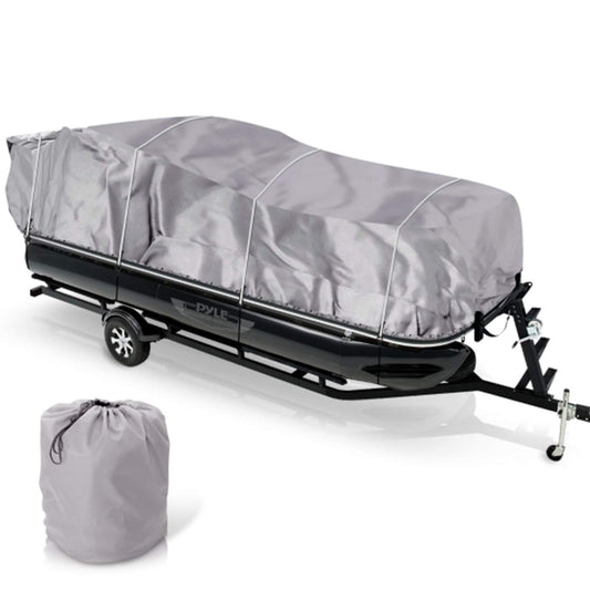Pyle Universal Boat Adjustable Storage Cover - 25'-28'L to 96” Pontoon Boats Protection Custom Heavy Duty Waterproof Polyester Fabric, Snap Strap, Elastic Cord, Bag