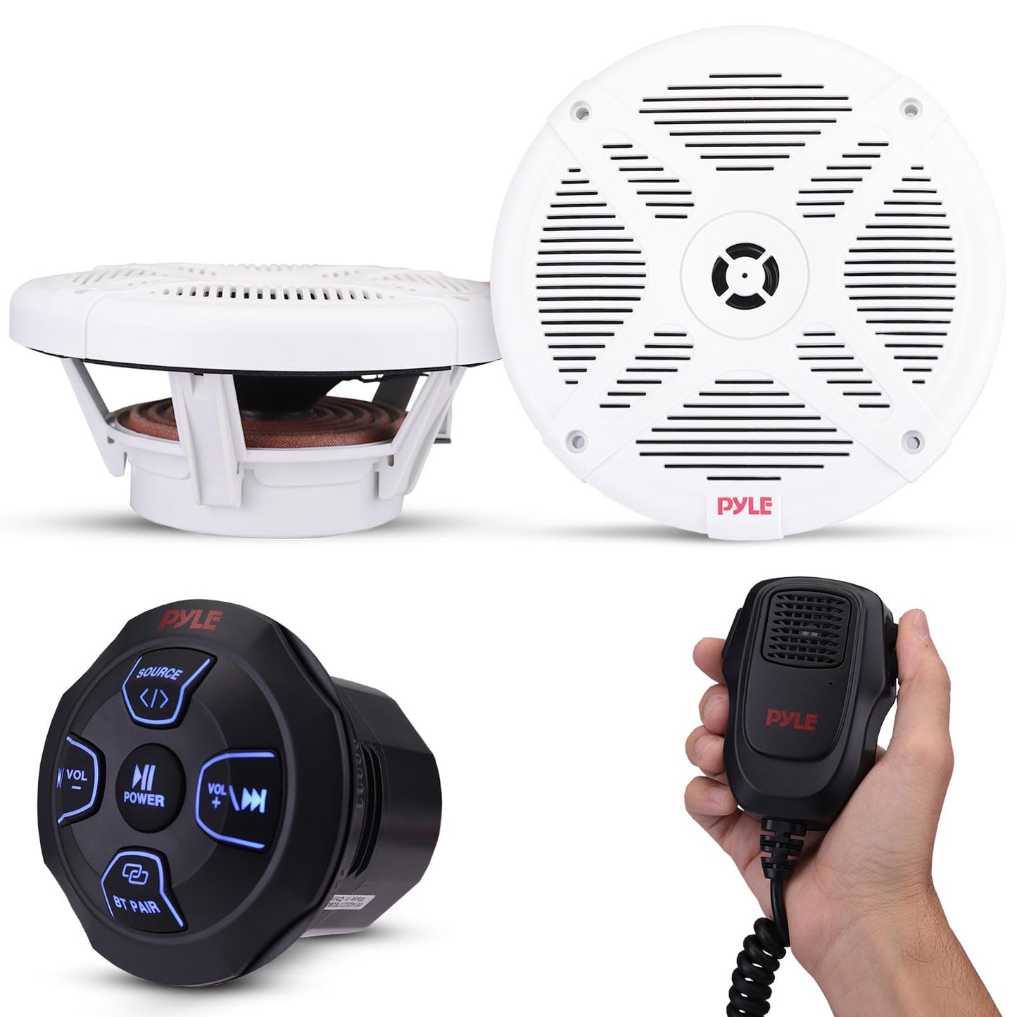 Pyle Marine Bluetooth Receiver Speaker Kit - Waterproof Audio Entertainment System Set w/Dual 6.5' Boat Speakers, Wireless BT Controller, Compact Handheld Broadcasting Microphone (White)