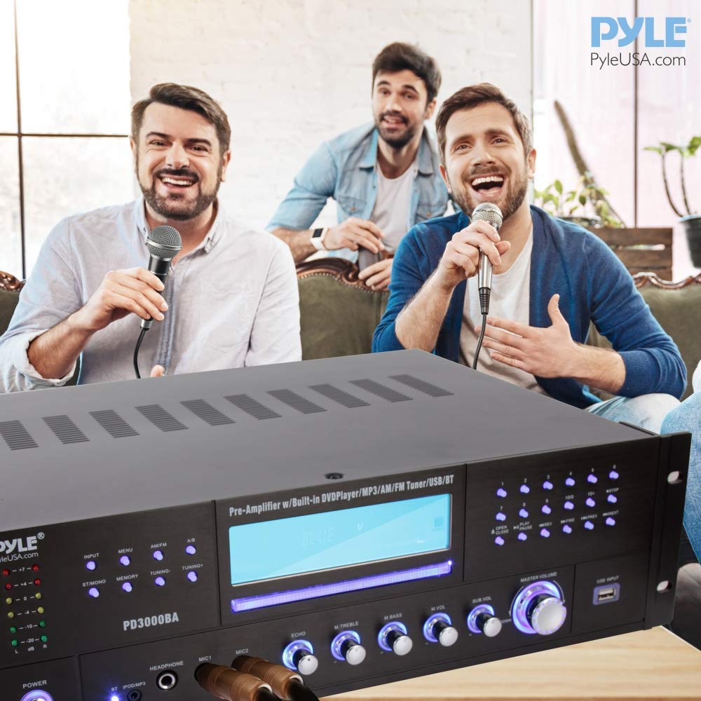 Pyle 4 Channel Wireless Bluetooth Amplifier - 3000W Peak Stereo Audio Receiver FM Radio - USB - 2 Mic Inputs w/ Echo - HDMI - 24-Bit Decode - CD/DVD - Subwoofer Output - LED - Rack Mount - PD3000BA