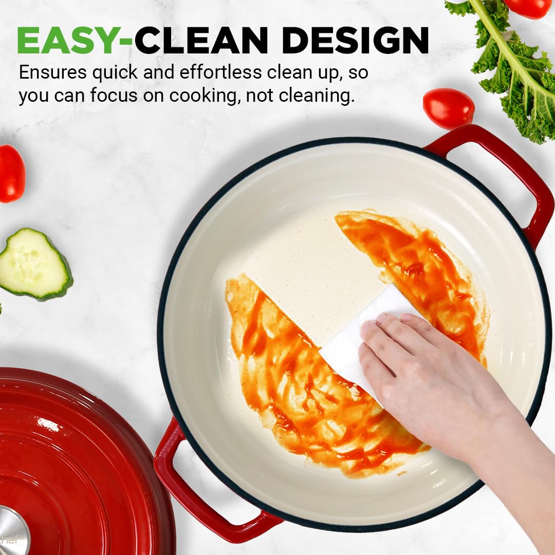 NutriChef Enameled Cast Iron Dutch Oven-5-Quart Kitchen Round Dutch Oven Stovetop Casserole Cookware, Porcelain Enamel Coated Cast-Iron Baking Pots w/ Self Basting Lid-NCCIEC45(Red),Medium