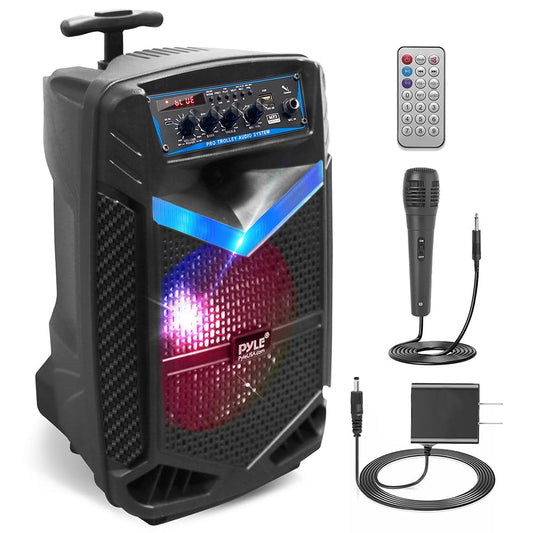 Pyle 400W Rechargeable Outdoor Bluetooth Speaker Portable PA System w/ 8” Subwoofer 1” Tweeter, Recording Function, Mic In, Party Lights USB/SD, Radio - Pyle PPHP842B, BLACK