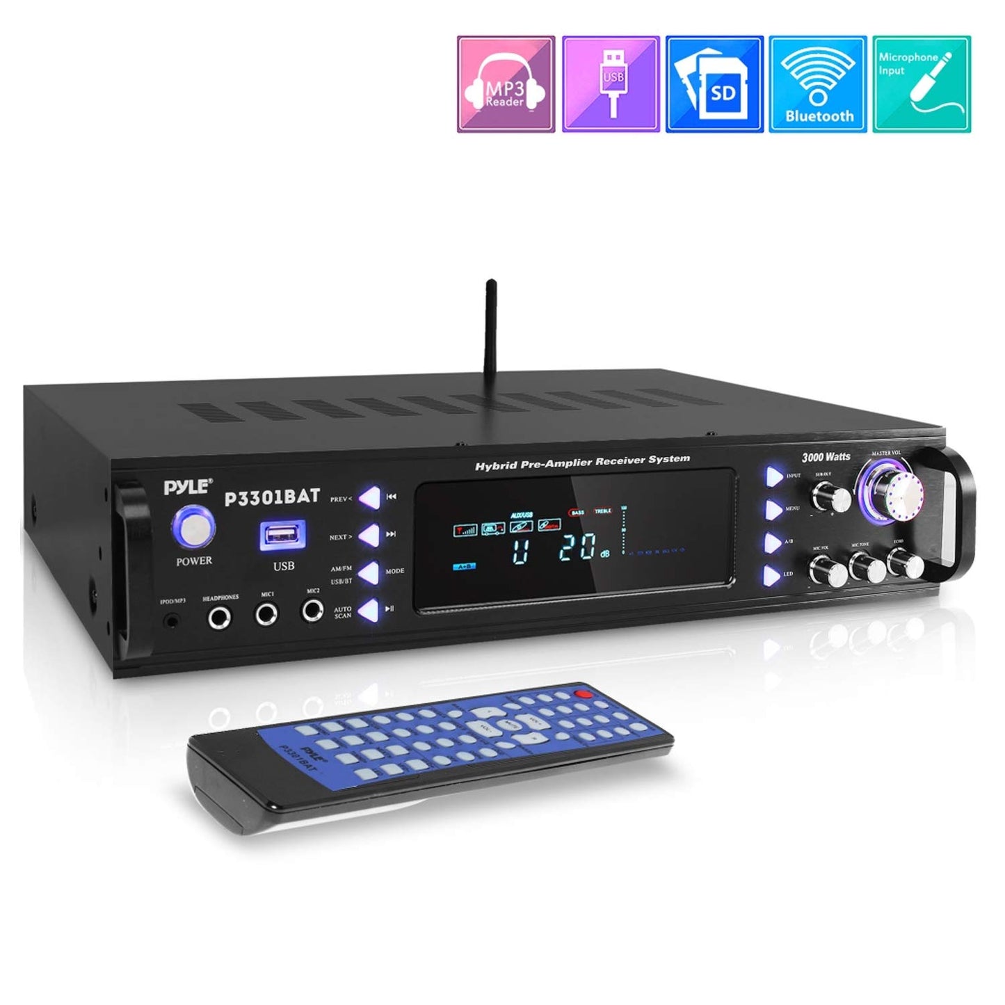 Pyle 3000W Bluetooth 5.0 Home Stereo Amplifier - Hybrid Multi-Channel Audio Receiver w/ AM/FM Radio - MP3/USB - AUX - RCA - 2 Mic Inputs - Speaker Selector - Rack Mount - Remote - P3301BAT
