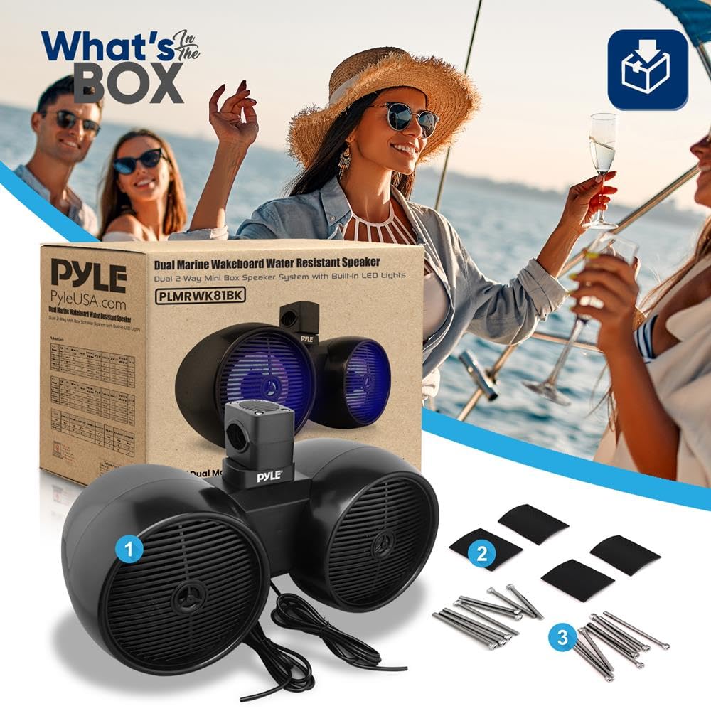 Pyle Marine Speakers, Boat Speakers, Marine Speaker, 8" 300W Dual Waterproof Off-Road Sound System, LED Lights, IP-44 Rated, 4 Ohm, Includes Mounting Brackets, Heavy Duty ABS Construction