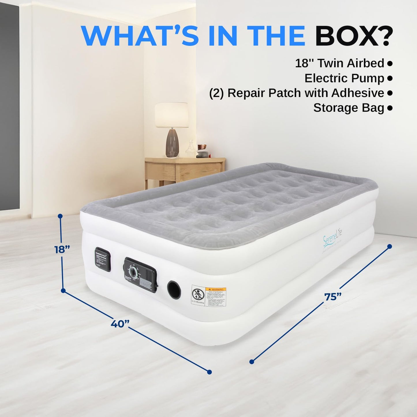 SereneLife Twin Air Mattress with Built in ComfortCoil Technology & Internal High Capacity Pump | Elevated Raised Air Mattress Quilt Top | 1-Year Guarantee, Gray