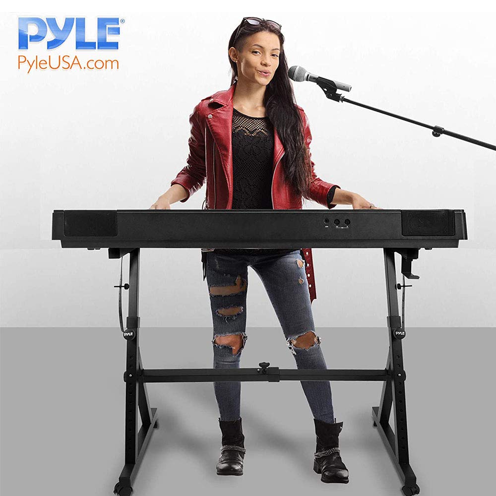 Pyle Port Universal Electronic Black Heavy-Duty Z Style Keyboard Organ Holder Rack Portable Piano Stand W/Adjustable Height and Width, Locking Wheels PKST48