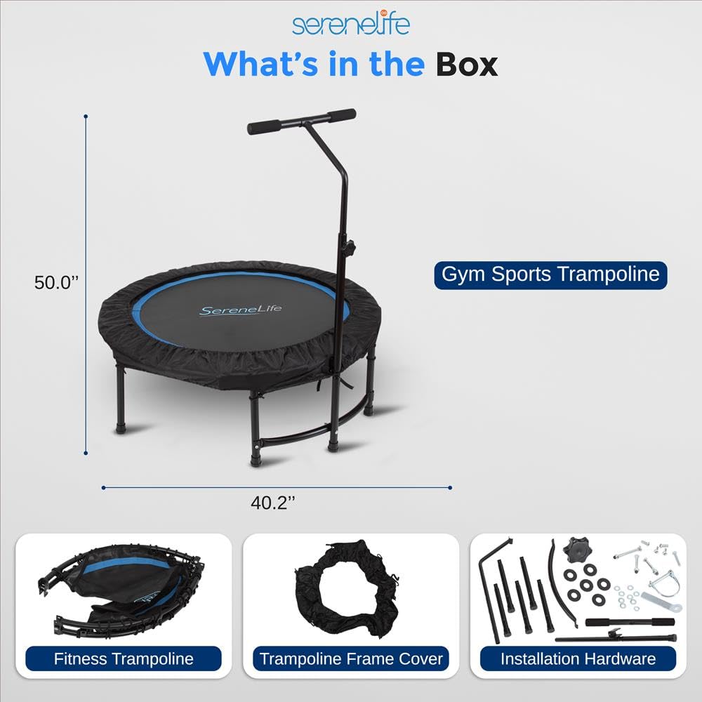 SereneLife 40/48" Foldable Mini Trampoline - Compact Fitness Trampoline for Kids Adults, Exercise Bungee Rebounder with Adjustable Foam Handle, Indoor/Garden Workout Equipment, Max Load 264 lbs