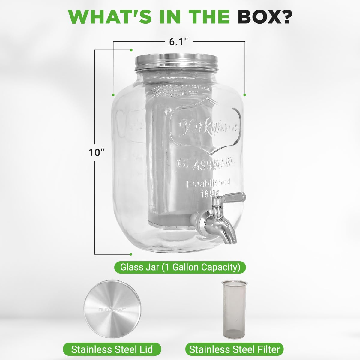NutriChef 1-Gallon Cold Brew Coffee Maker - Wide-Mouth Glass Mason Jar Style w/Stainless Steel Spigot Tap & Reusable Mesh Filter - Leak Resistant, Drip-Free, & Easy to Clean