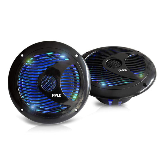 Pyle 6.5” Dual Marine Speakers - IP44 Waterproof and Weather Resistant Outdoor Audio Stereo Sound System with Built-in Led Lights, 150 Watt Power and Polypropylene Cone - 1 Pair - PLMR6LEB (Black)