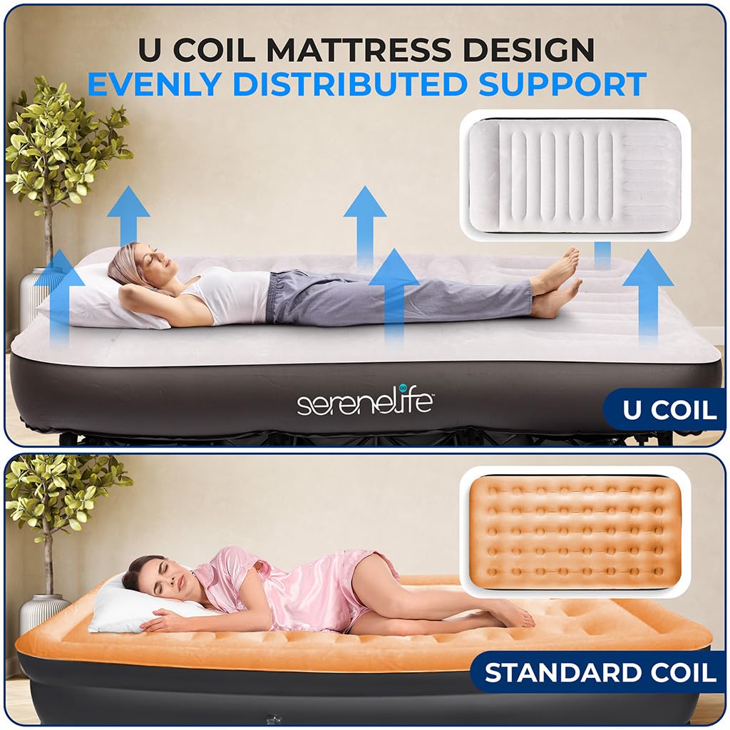 SereneLife Inflatable Air Bed with Frame - Auto Inflating Air Mattress with Built-in Pump, Memory Foam Cover, Self-Deploying Frame, Ideal for Guests, Camping & RV, Easy Carry Case, Queen 77" x 40"