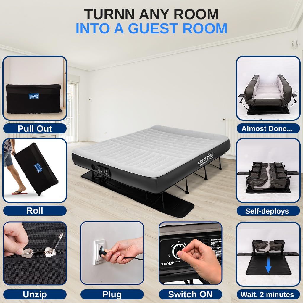 SereneLife Inflatable Air Bed with Frame - Auto Inflating Air Mattress with Built-in Pump, Memory Foam Cover, Self-Deploying Frame, Ideal for Guests, Camping & RV, Easy Carry Case, Queen 83" x 73"