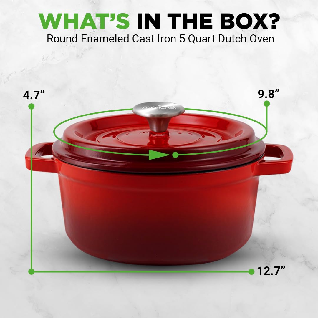 NutriChef Enameled Cast Iron Dutch Oven-5-Quart Kitchen Round Dutch Oven Stovetop Casserole Cookware, Porcelain Enamel Coated Cast-Iron Baking Pots w/ Self Basting Lid-NCCIEC45(Red),Medium