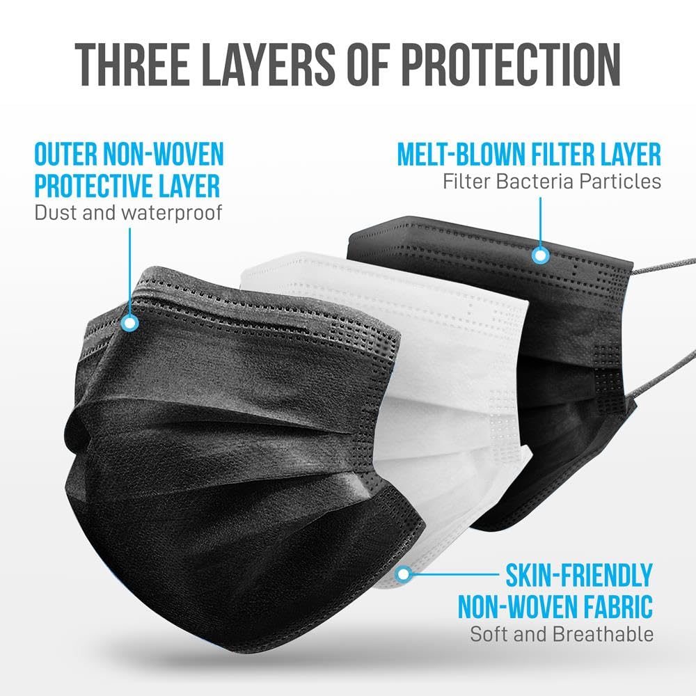 SereneLife 50 Pieces Disposable Face Masks - 3 Layer Protection Breathable Face Masks, For Dust Covering, Made from Non-Woven Fabric, Easy to Use, Disposable, and Single-Use, For Adults (Black)