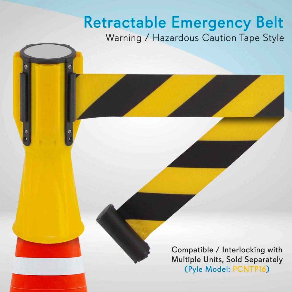 Pyle PCNTP16X4 4-Pc Traffic Cone Emergency Belt - Retractable Traffic Cone Hazard Warning Tape Barrier Belt, High-Visibility w/ Striped Bright Yellow Design, Marine-Grade Waterproof