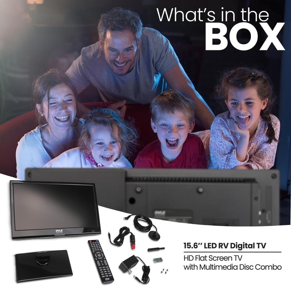 PYLE 15.6" 1080p LED RV Television - Flat Screen Monitor FHD TV w/HDMI, RCA, Multimedia Disk Combo, 12V/24V Car Adapter, Full Range Stereo Speaker, Wall Mount, Works w/Mac PC, Includes Remote Control