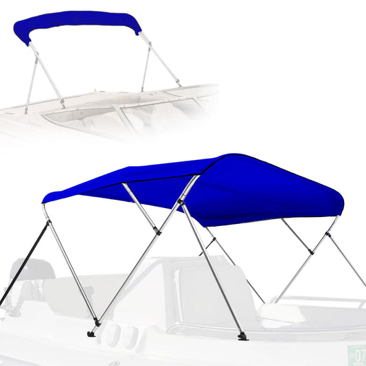 SereneLife 4 Bow Bimini Top Boat Cover – 96" L x 85-90" W x 54" H, Durable 1" Aluminum Frame, Waterproof & UV-Resistant, Easy Install with Front Straps, Rear Support Arms & Free Storage Boot (Blue)