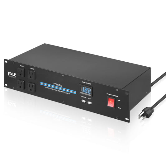 Pyle 3600W 15 Amp PDU Power Strip Surge Protector - 20 Outlet 2U Rack Mount Power Conditioner with Digital Voltage Display - USB Ports - AC Filter - Circuit Breaker - RFI/EMI Protection - PCO885