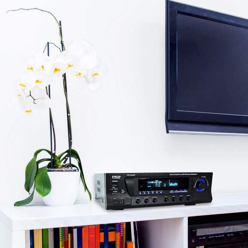 Pyle Wireless Bluetooth Audio Power Amplifier - 300W 4 Channel Home Theater Stereo Receiver with USB, AM FM, 2 Mic IN with Echo, RCA, LED, Speaker Selector, For Studio, Home Use, Black - PT272AUBT