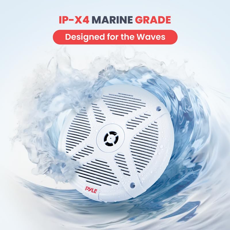 6.5 Inch Bluetooth Marine Speakers - 2-way IP-X4 Waterproof and Weather Resistant Outdoor Audio Dual Stereo Sound System with 600 Watt Power and Low Profile Design - 1 Pair - Pyle PLMRBT65W (White)