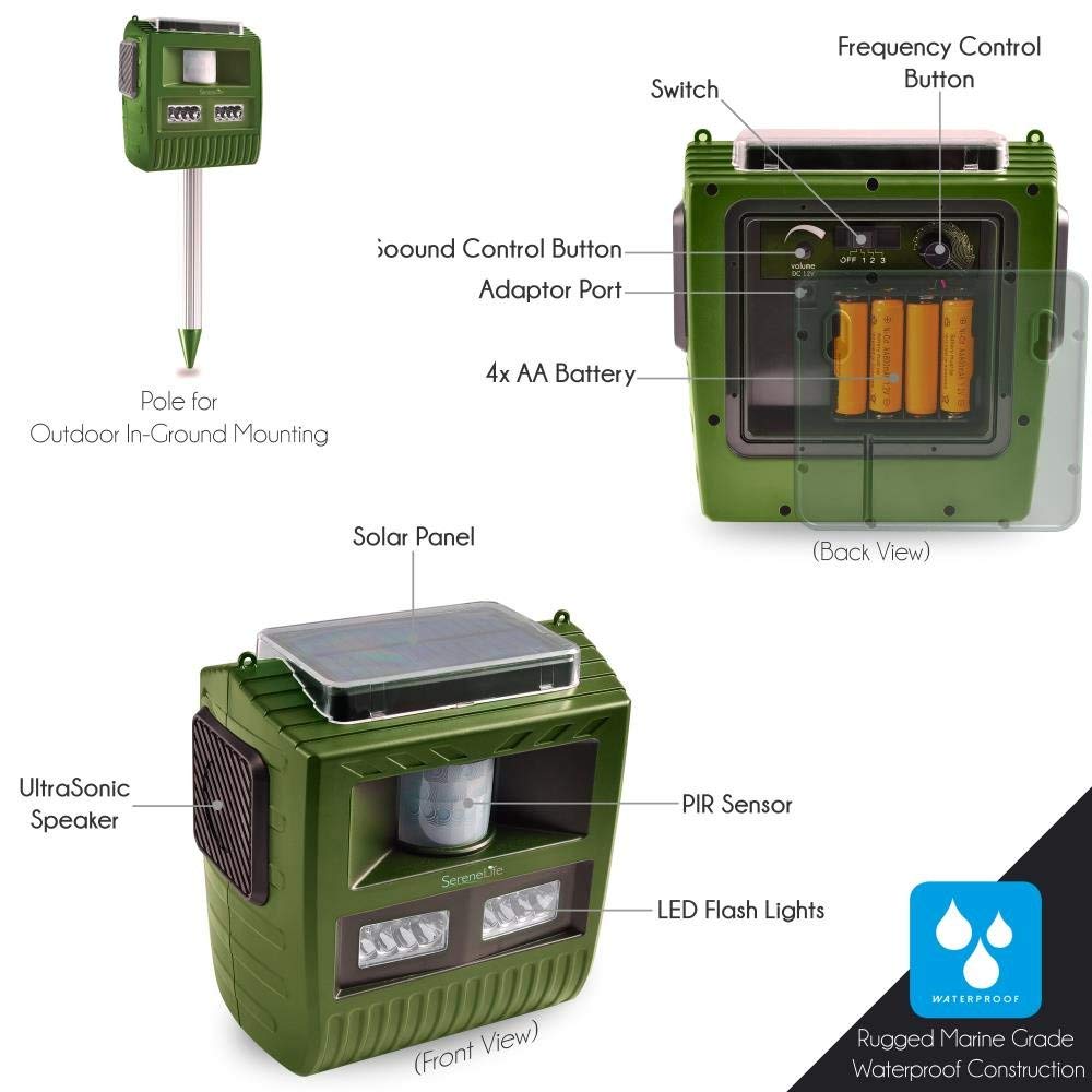 Waterproof Solar Animal Chaser, Outdoor Motion Detector, Ultrasonic Sensor, Coverage Area: Up to 30'+ Ft,