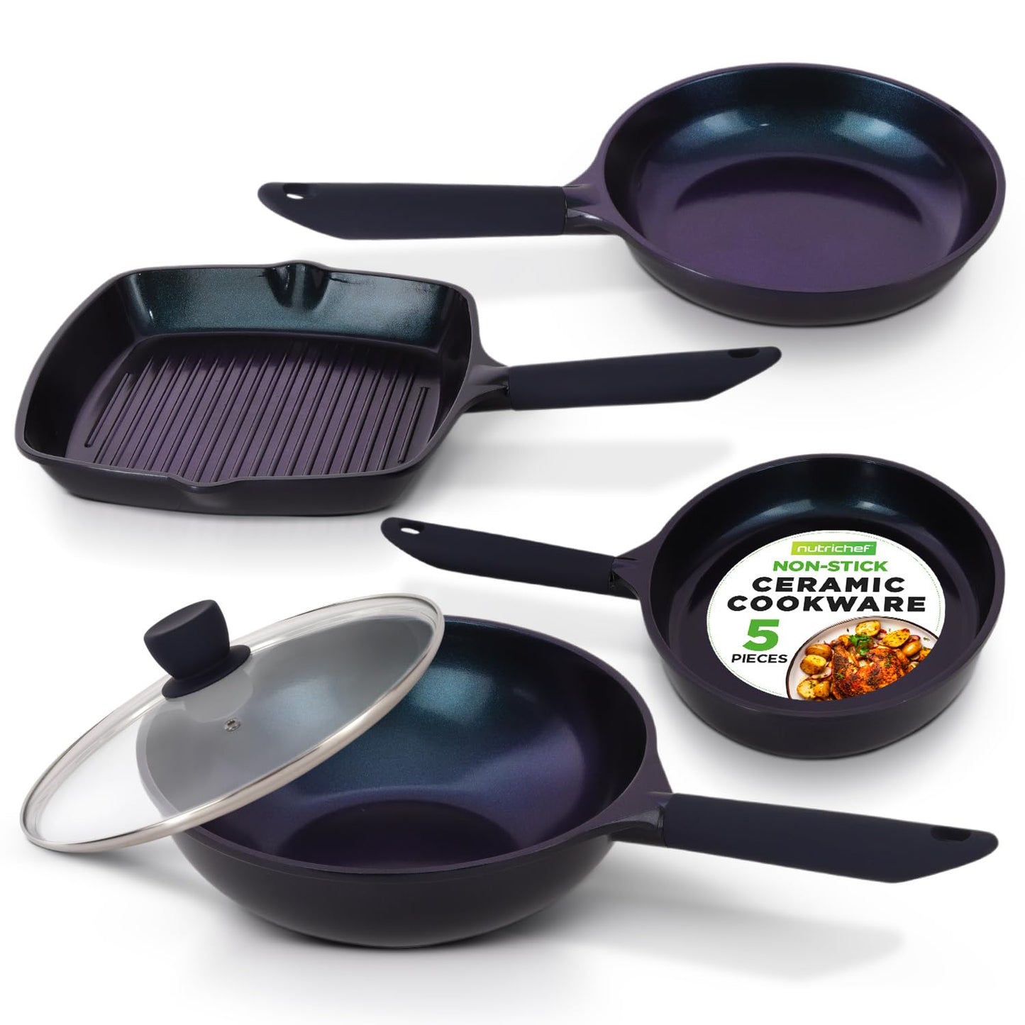 NutriChef 5-Piece Frying Pan Cooking Set, Non-Stick Ceramic Pan Set with Grill Pan and Wok, Stain-Resistant Frying Pans With Cool-Touch Handles, Tempered Glass Lid, PTFE/PFOA/PFOS Free (Blue)