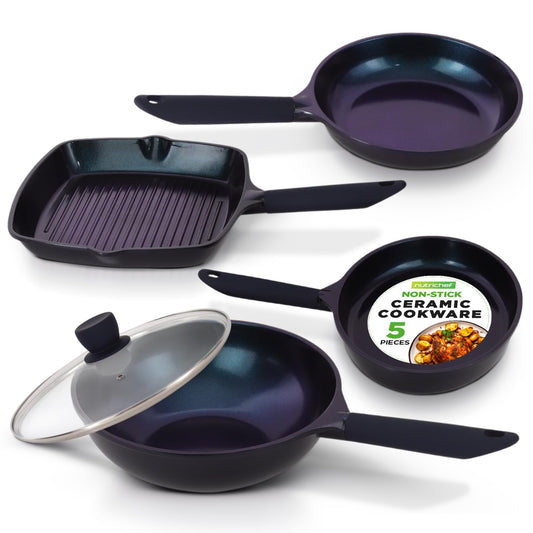 NutriChef 5-Piece Frying Pan Cooking Set, Non-Stick Ceramic Pan Set with Grill Pan and Wok, Stain-Resistant Frying Pans With Cool-Touch Handles, Tempered Glass Lid, PTFE/PFOA/PFOS Free (Blue)