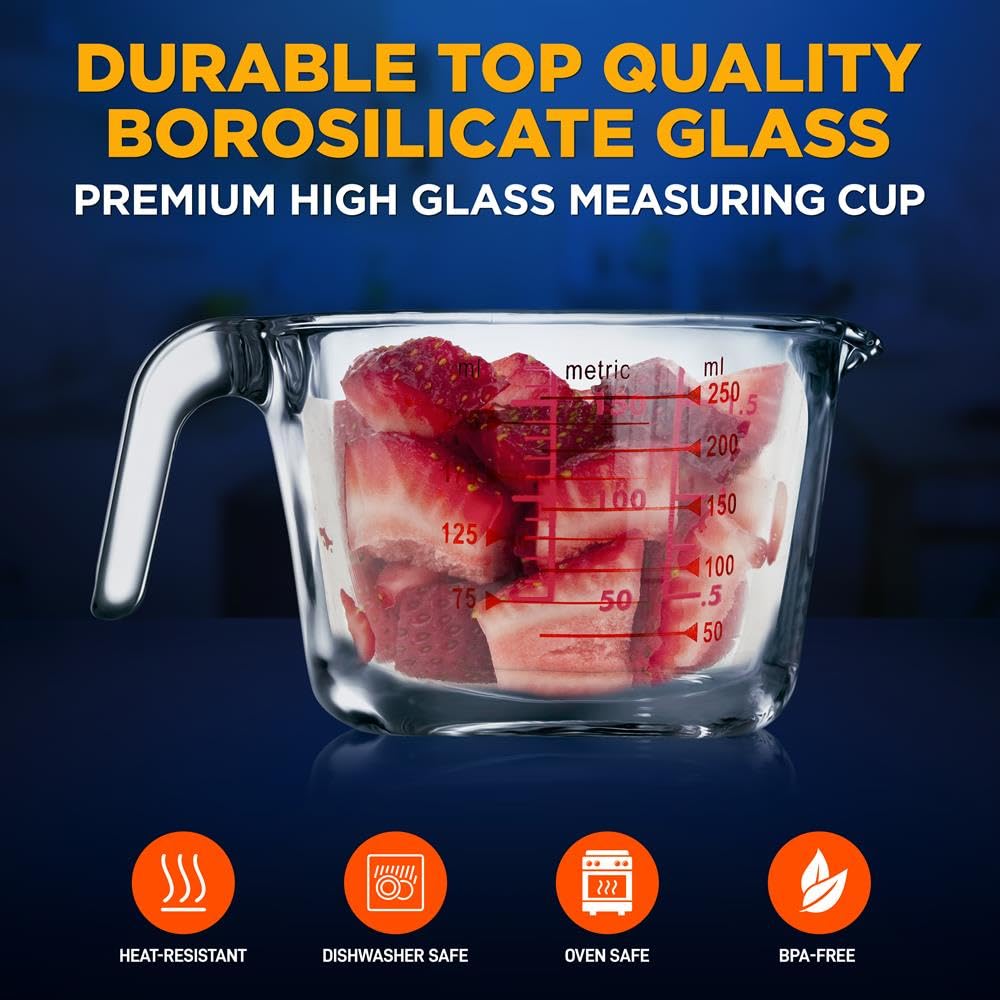 NutriChef High Borosilicate Glass Measuring Cup with Customized Decal Scale, 250 ml, Safe to Use in Microwave and Freezer, Oven and Dishwasher Safe, Clear