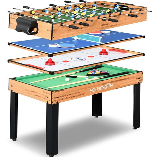 SereneLife 4in1 Multi Game Table, 48” Sports Arcade with Accessories, Ping Pong, Air Hockey, Pool Billiards, Soccer Foosball All in One, for Indoor and Outdoor, Family, Kids and Adults