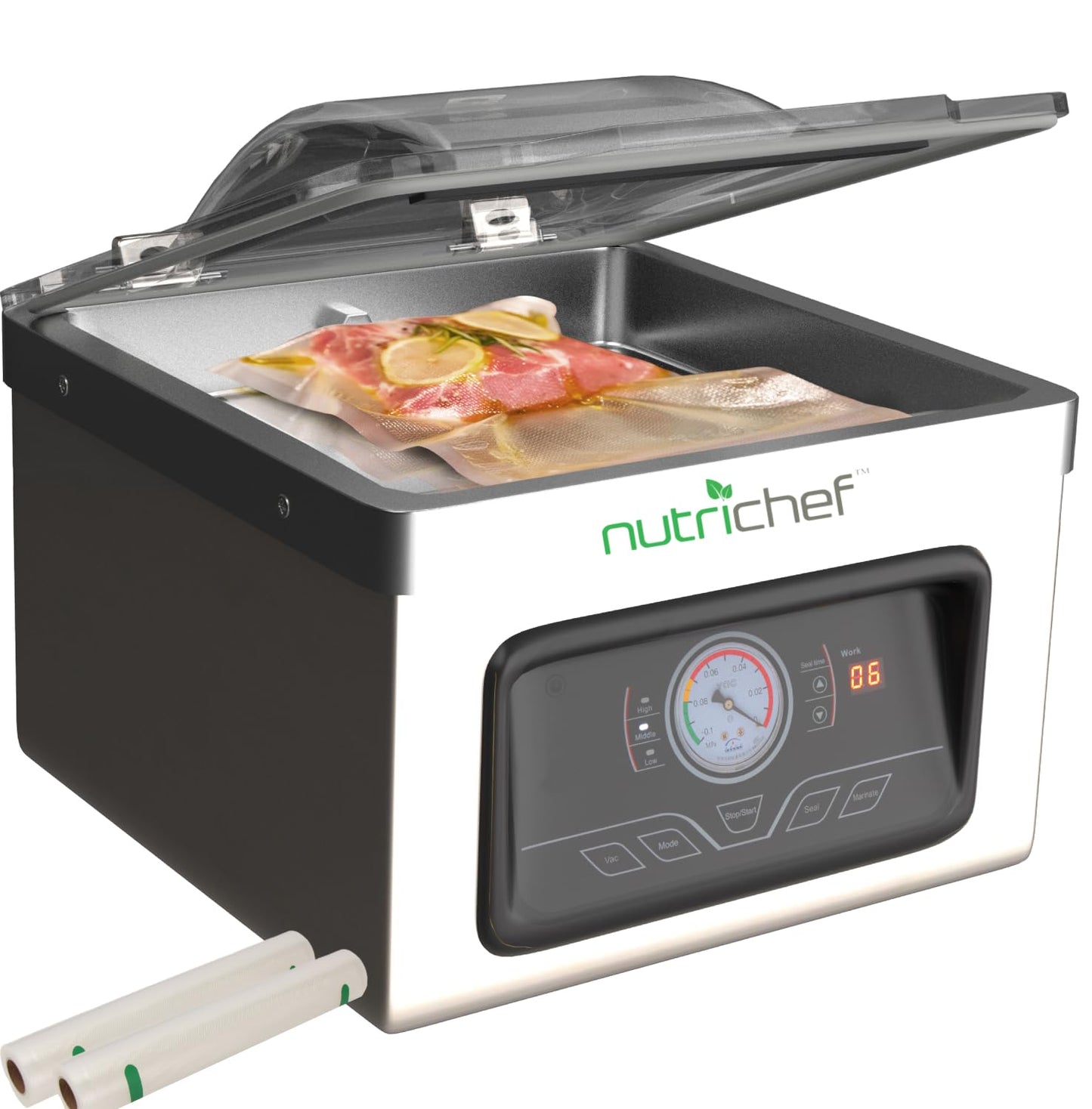 NutriChef Food Saver Vacuum Sealer Machine-Compact 350W Sous Vide Vacuum Sealer with 8L Chamber-Airtight Food Storage System for Home & Commercial Use, Includes Vacuum Sealer Bags, Rolls & Accessories