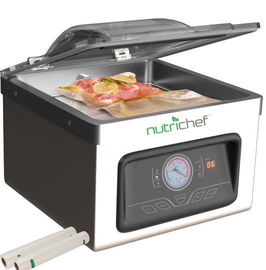 NutriChef Food Saver Vacuum Sealer Machine-Compact 350W Sous Vide Vacuum Sealer with 8L Chamber-Airtight Food Storage System for Home & Commercial Use, Includes Vacuum Sealer Bags, Rolls & Accessories