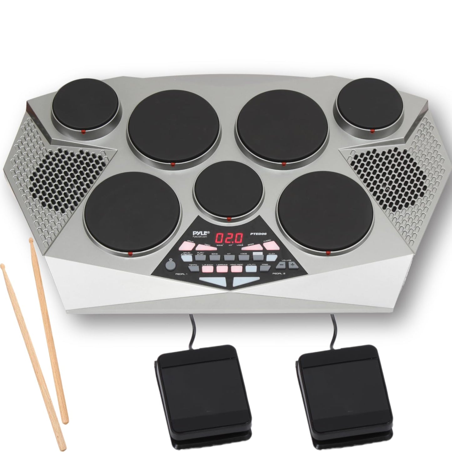 Pyle Pro Electronic Drum kit - Portable Electric Tabletop Drum Set Machine with Digital Panel, 7 Drum Pad, Hi-Hat / Kick Bass Pedal Controller USB AUX -Tom Toms, Hi-Hat, Snare Drums, Cymbals - PTED06