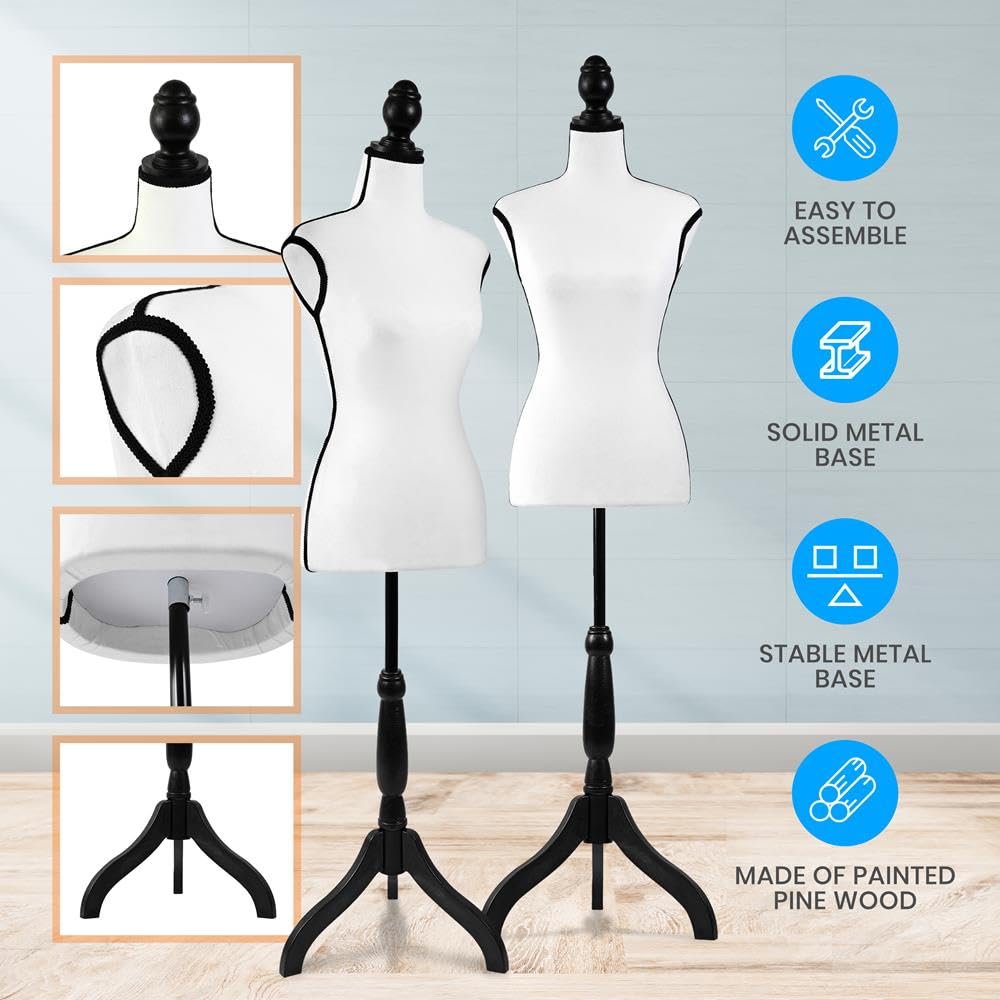 SereneLife White Female Dress Form Mannequin with Adjustable Height (52"–64") – Lightweight Foam Torso for Sewing, Boutique Clothing Display, Jewelry Draping – Stable Tripod Pinewood Stand