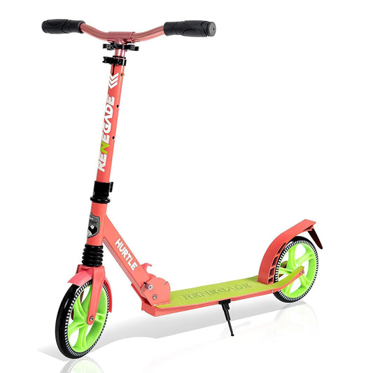 Hurtle Teenager Kick Scooter - 2 Wheel with Adjustable T-Bar Handlebar - Folding Adult with Alloy Anti-Slip Deck - 8" Smooth Gliding Wheels, Watermelon