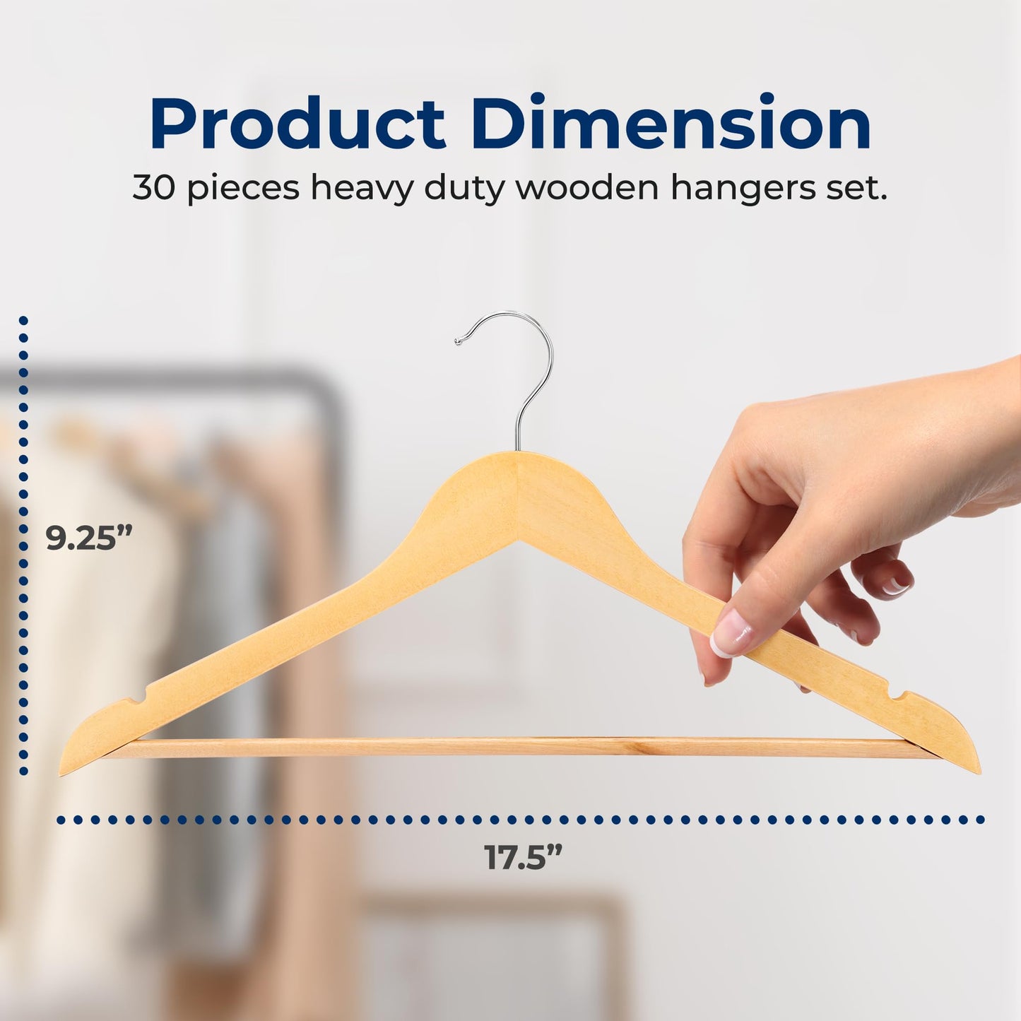 SereneLife 30-Pack Heavy Duty Wooden Hangers – Solid Wood Clothes Hanger Set with 360° Swivel Hook, Pant Bar & Notches for Jackets, Suits, Dresses, and Tops – Natural Smooth Finish