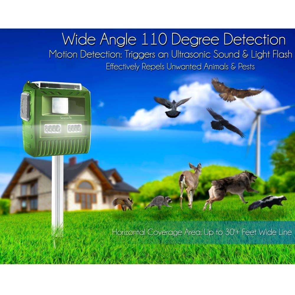 Waterproof Solar Animal Chaser, Outdoor Motion Detector, Ultrasonic Sensor, Coverage Area: Up to 30'+ Ft,