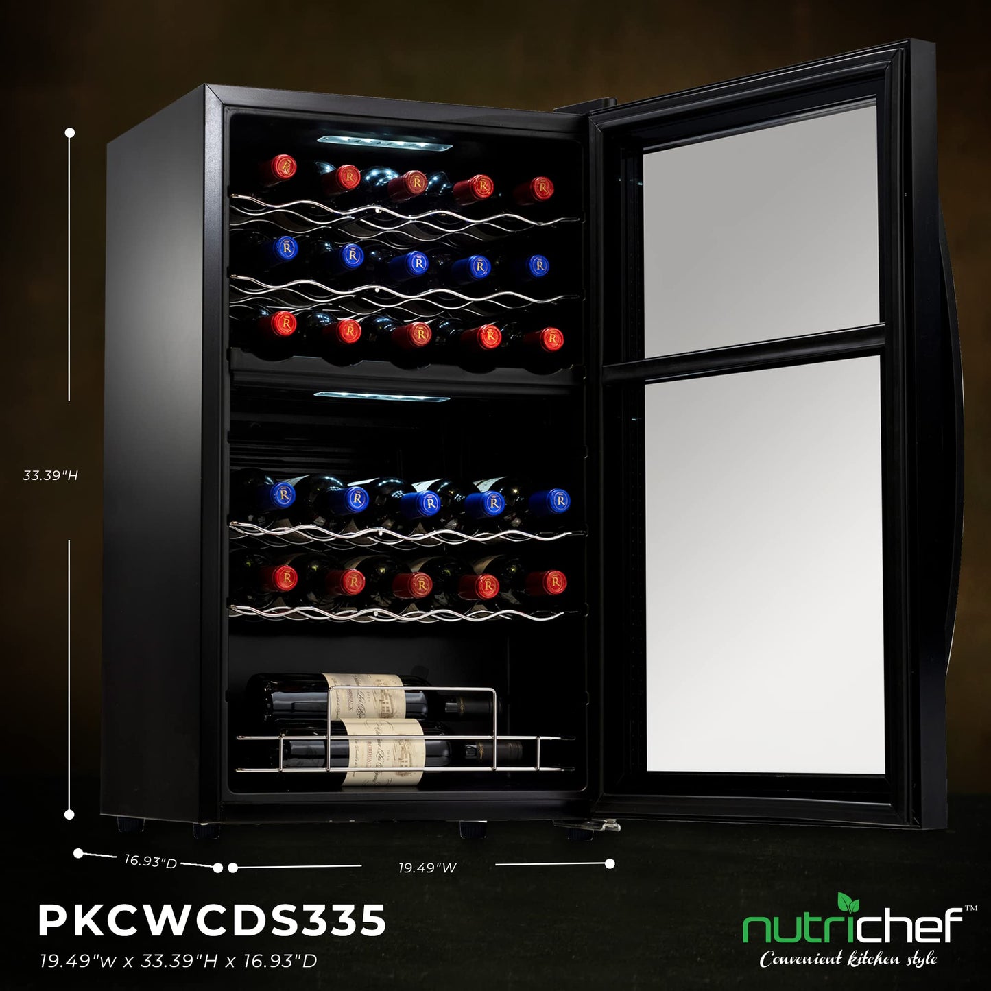 Nutrichef 33 Bottle Wine Fridge | Dual Zone Wine Chiller | Adjustable Temperature 41°F to 64°F | Ultra Quiet Operation | Wine Cooler For Home, & Office | Free Standing 33x19x17 IN | Black