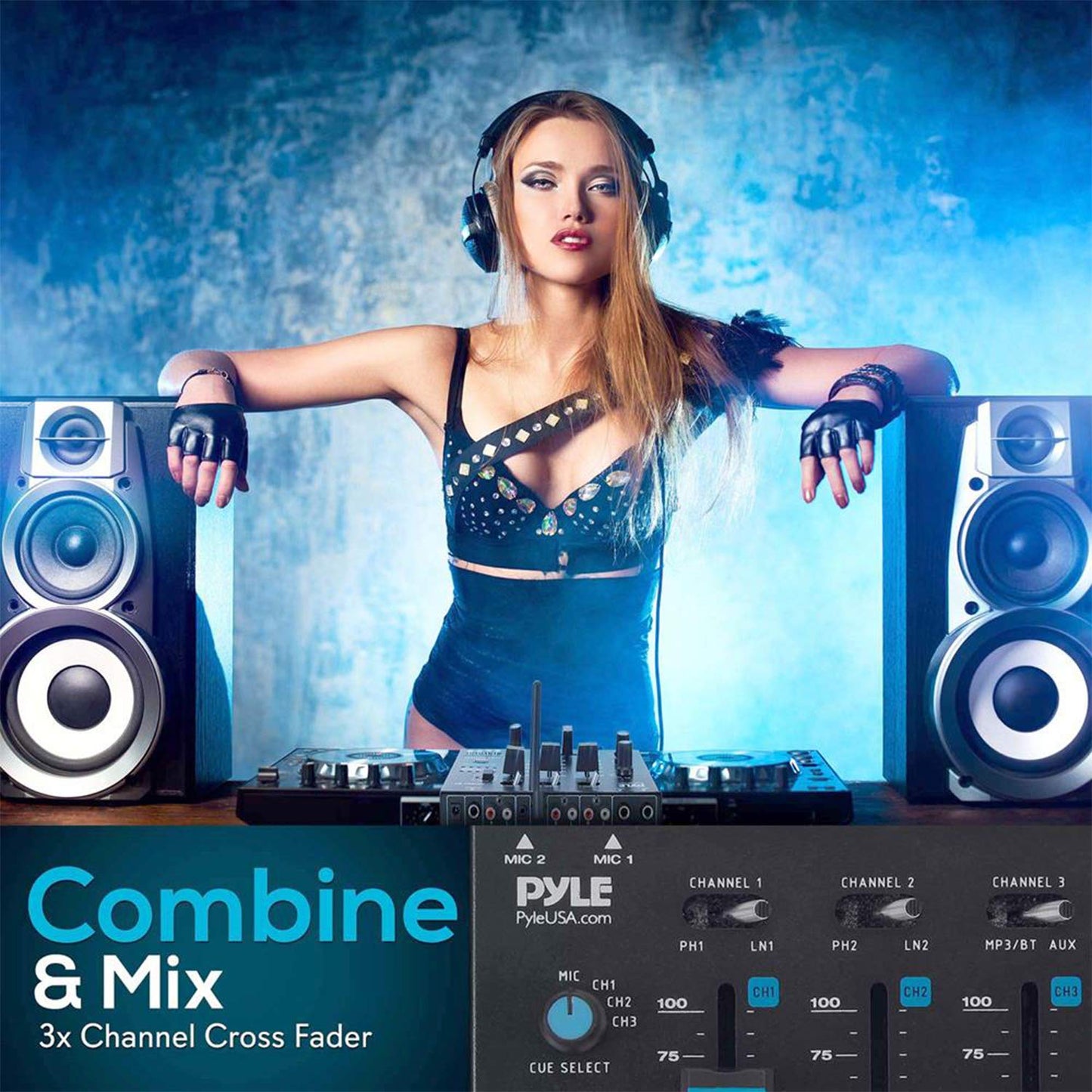 Pyle 3-Channel Wireless Bluetooth DJ Sound Mixer Controller - USB Reader - Dual RCA Phono/Line Inputs - 2 Mic Talk-Over - Headphone Jack - Crossfader - LED Display - PMX8BU