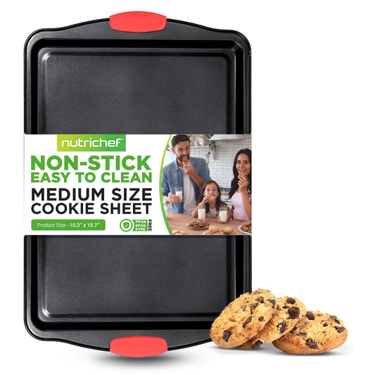 NutriChefKitchen 15” Non Stick Cookie Sheet, Medium Gray Commercial Grade Restaurant Quality Carbon Metal Bakeware with Red Silicone Handles, Compatible with Model NCSBS3S