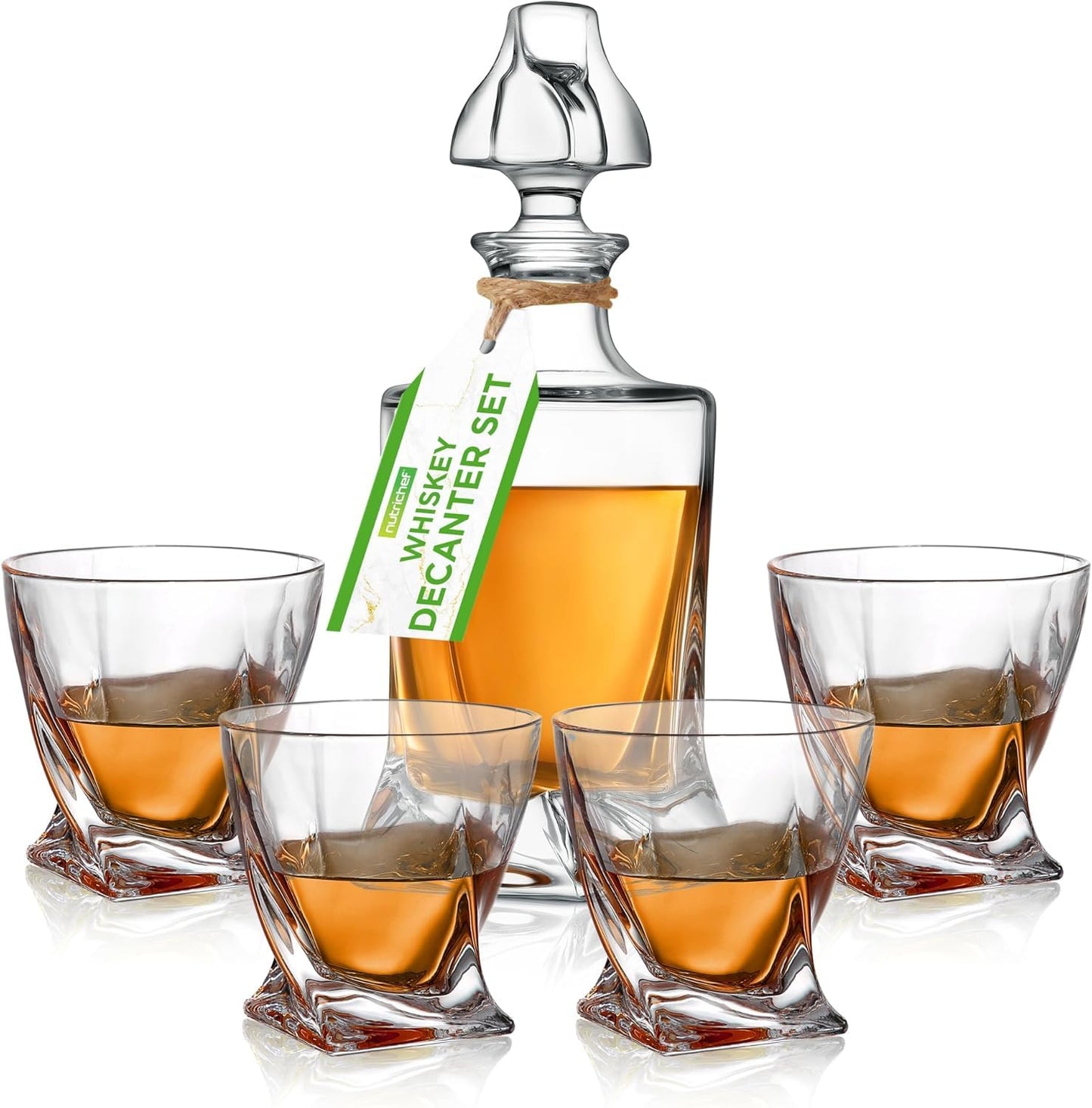 NutriChef Whiskey Decanter Set - Elegant Crystal Glass w/ Four 750ml BPA-Free Glasses - Naturally Aerates & Separates Whisky Sediment - Easy To Clean, Dishwasher Safe