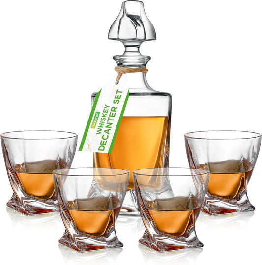 NutriChef Whiskey Decanter Set - Elegant Crystal Glass w/ Four 750ml BPA-Free Glasses - Naturally Aerates & Separates Whisky Sediment - Easy To Clean, Dishwasher Safe