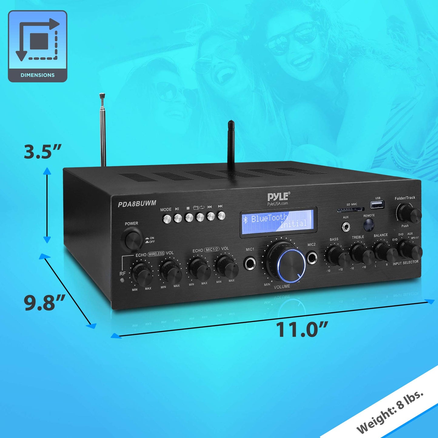 Pyle Wireless Microphone Bluetooth Amplifier-200W Peak Power Dual Channel Stereo Audio Receiver w/USB,AUX in, Dual Mic Inputs w/Echo Control,RCA Input, For Karaoke,Home Theater,Music Studio- PDA8BUWM