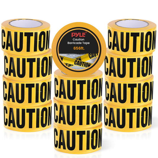 Pyle 12 Pieces Yellow Caution Tape Set - 656 Foot Long Tape Roll Suitable for a Wide Range of Applications, Including Roadworks, Events, and Hazardous Areas