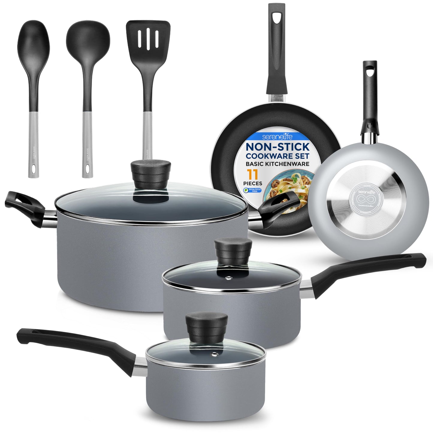 SereneLife Kitchenware Pots & Pans Basic Kitchen Cookware, Black Non-Stick Coating Inside, Heat Resistant Lacquer (11-Piece Set), One Size, Gray